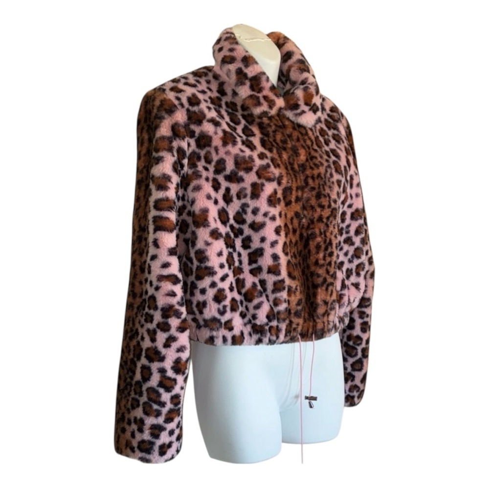 KENDALL & KYLIE Leopard Jacket, Cropped, drawstring bottom, Pink Faux Fur S - Picture 3 of 17